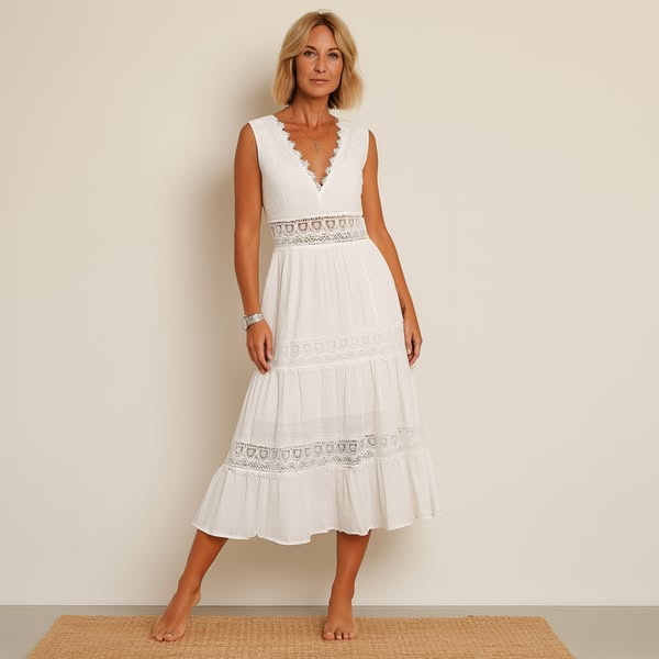 SeraAmsterdam™| Mouwloze Midi-jurk in Boho-stijl met Kantdetails